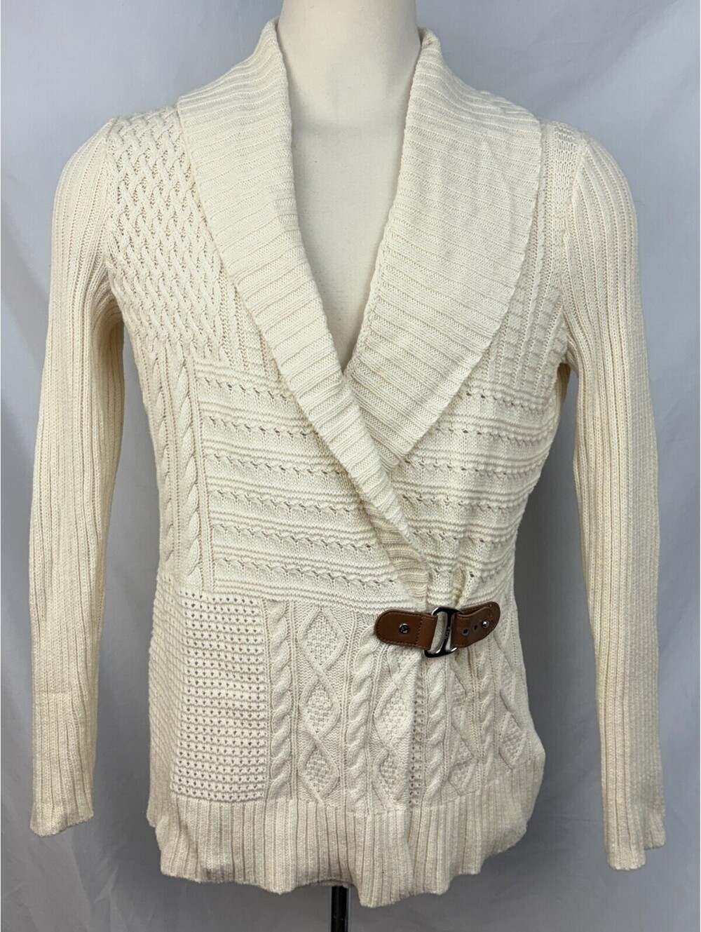 Lauren Ralph Lauren Mixed-Media Cable-Knit Women's XL Cream Cardigan Sweater